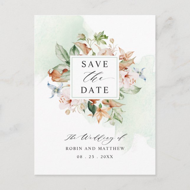 Postcard Save The Date Earthy Blooms Green Wedding (Front)