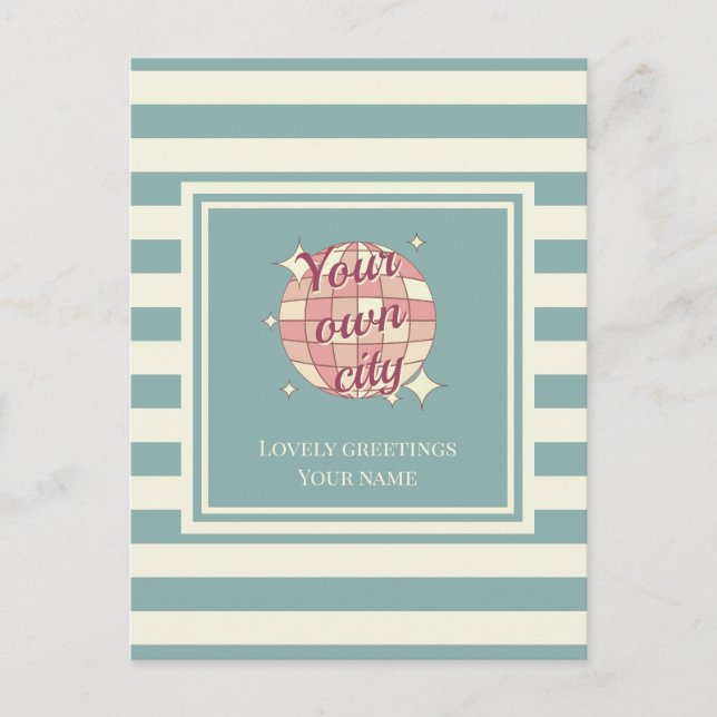 Postcard striped teal beige custom town name (Front)