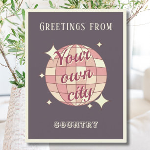 Postcard town city name purple discoball