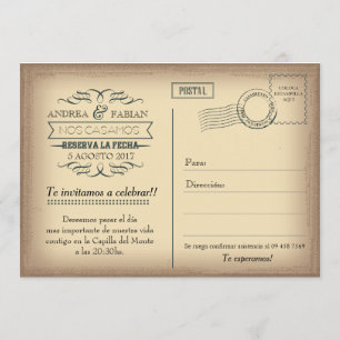Postcard wedding invitation with photo in Spanish.