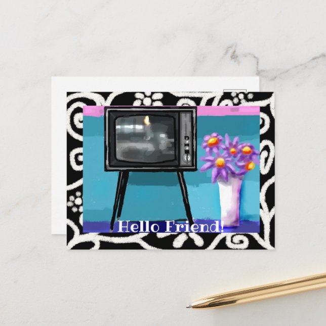 Postcard - Whimsical Retro TV Television Painting (Front/Back In Situ)