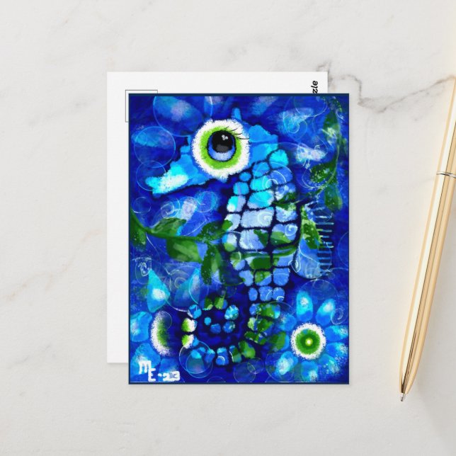 Postcard - Whimsical Seahorse Abstract Art Blue  (Front/Back In Situ)