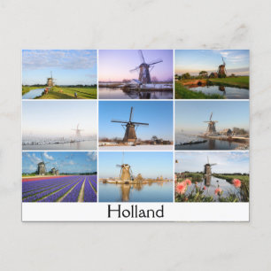 Postcard with a collage of windmills in Holland