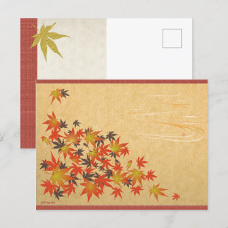 Postcard with colored leaves and flowing water cre