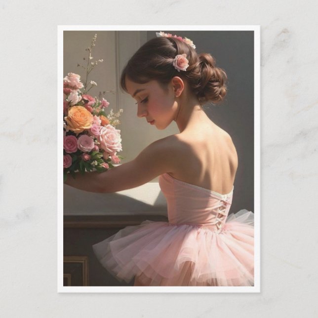 Postcard with dancer holding bouquet of flowers (Front)