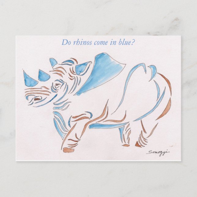 Postcard with original art of stylised rhino (Front)