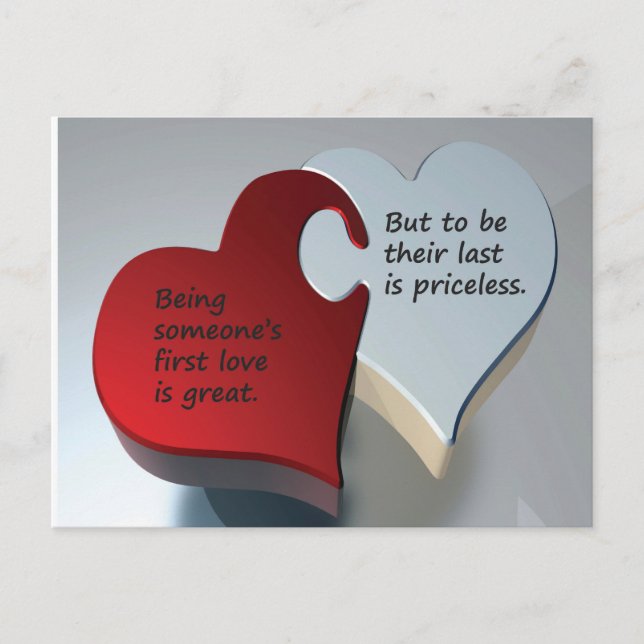 Postcard with red and white heart puzzle pieces. (Front)