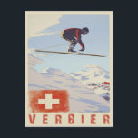 Postcard with Switzerland Vintage Ski Print<br><div class="desc">Cool postcard with vintage ski print from Verbier, Switzerland. Send your ski bum greetings with a nice print from one of the best ski resorts in the Swiss alps if not in the world. We change and add both text and colours, as well as size and placement, all upon request....</div>
