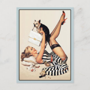 Postcard with Vintage Babe Playing with Her Dog