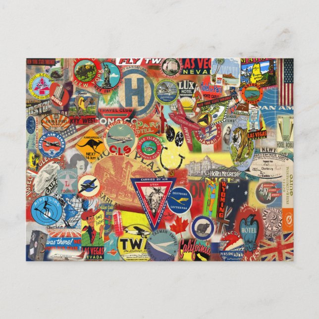 Postcard with Vintage Flags and Stickers (Front)