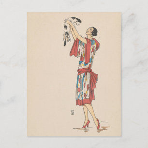Postcard - woman and cat - French artist