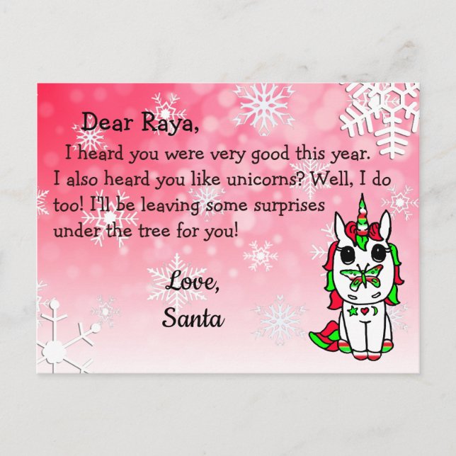 Postcards from Santa: Holiday Unicorn in Santa Hat (Front)