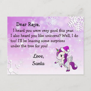 Postcards from Santa: Purple Unicorn in Santa Hat