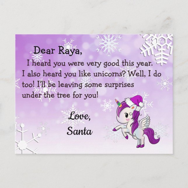 Postcards from Santa: Purple Unicorn in Santa Hat (Front)