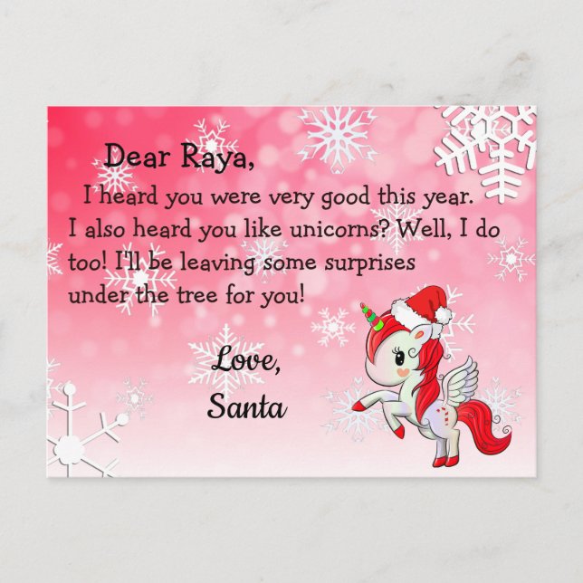 Postcards from Santa: Red Unicorn in Santa Hat (Front)