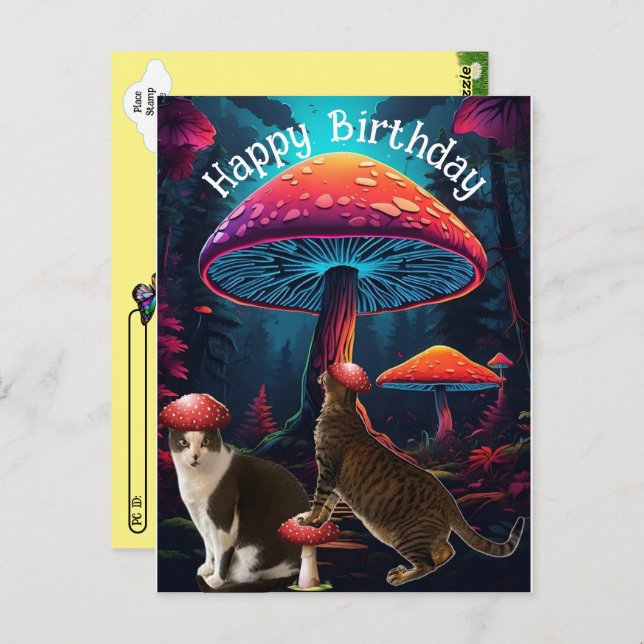 Postcrossing Mushrooms and Cats Birthday Postcard (Front/Back)