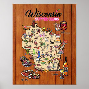 Poster - 16 x 20 - Wisconsin Supper Club Map