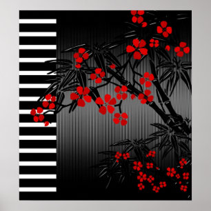 Poster Asian Red Black White Bamboo Floral