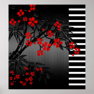 Poster Asian Red Black White Bamboo Floral 2