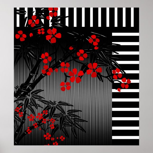Poster Asian Red Black White Bamboo Floral 4 (Front)