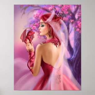 Poster Beautiful fantasy woman queen and red drago
