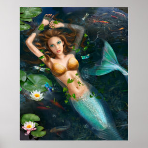 Poster-Beautiful mermaid in lake with lilies Poster