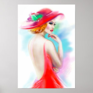 Poster beautiful woman in red hat and a dress