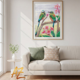 Poster Birds and rose flowers fine wall art Deco
