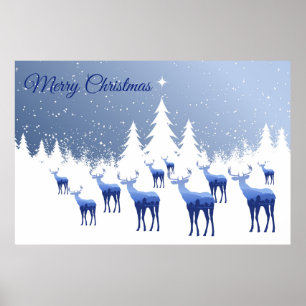 Poster-Blue Deer Winter Scene-Merry Christmas Poster