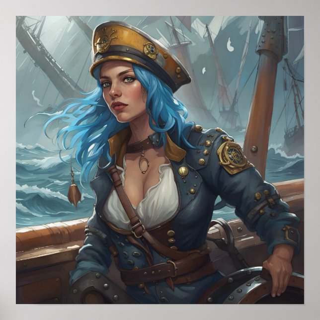Poster - Blue Nautical Pirate Pin-Up Girl AI Image (Front)