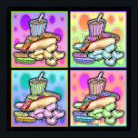 Poster, Canvas - Pop Art Hot Dog with Chips and a Poster<br><div class="desc">There's nothing more Americana than a Hot Dog and this POP ART HOT DOG with potato chips, pickle slice and cold soda is my tribute to a classic pop culture fast food. It's a cool illustration for a hot dog! Have some fun and PERSONALIZE your purchases with your own text...</div>
