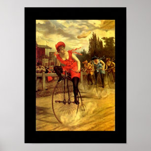 Poster Fun Antique Bike Bicycle Lady In Race