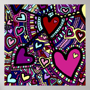 Poster, Fun Colourful Abstract Hearts Poster