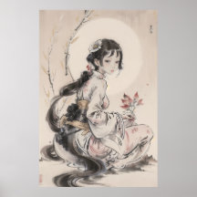 Poster Guisha and Moon - Traditional Chinese Art