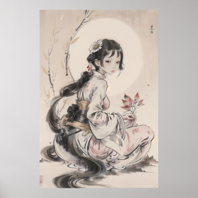 Poster Guisha and Moon - Traditional Chinese Art (Front)