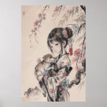 Poster Guisha and Puppy - Traditional Chinese Art