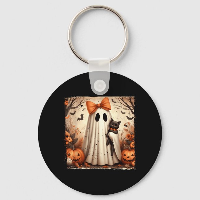 Poster Halloween Ghost Holding Black Kitten Cat Key Ring (Front)