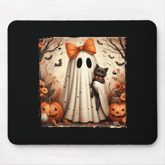 Poster Halloween Ghost Holding Black Kitten Cat Mouse Pad (Front)