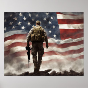 Poster-Hero Military Soldier w/ US Flag Background Poster