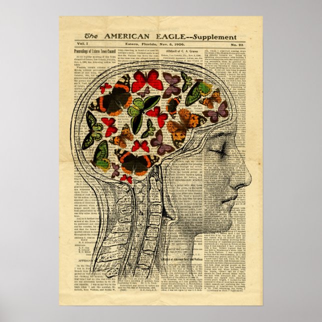 Poster Human Head Brain Butterflies on newspaper (Front)