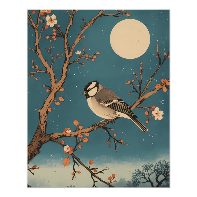Poster - Moonlit Bird on Blossom Branch (Front)