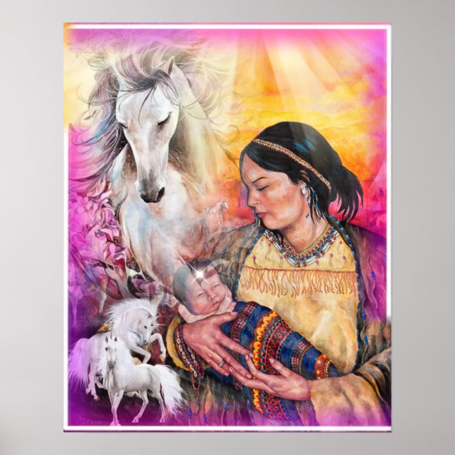 Poster Native American woman and white horses (Front)