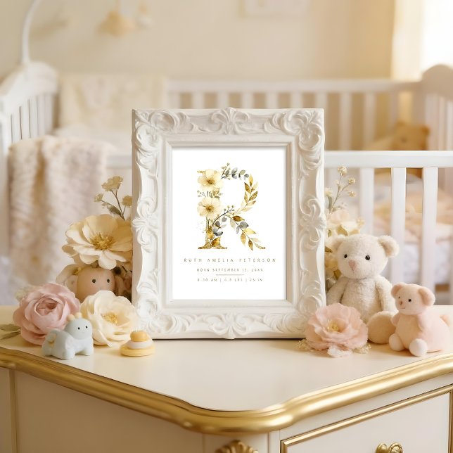 Póster Nursery Cute Romantic Floral R Letter Gold Poster (Delicate Romantic Floral R Letter in Gold Glitter Effect Posters for Nursery Decor.)
