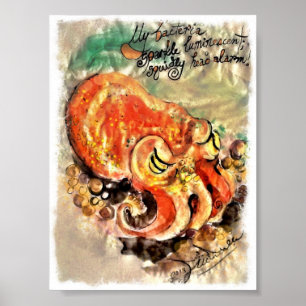 Poster of a brush and ink painting of a squid.