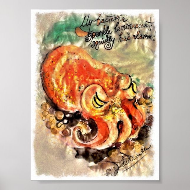 Poster of a brush and ink painting of a squid. (Front)