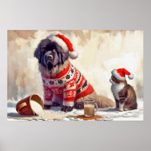 Poster of Newfie With Cat and Spilled Egg Nog