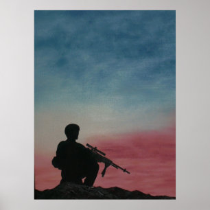 Poster of Soldier Silhouette Red White and Blue