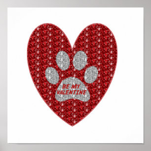 Poster Paw Heart Red Silver Be My Valentine