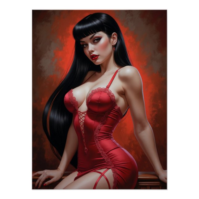 Poster Pin-up Sensual Brown in Red Dress (Front)