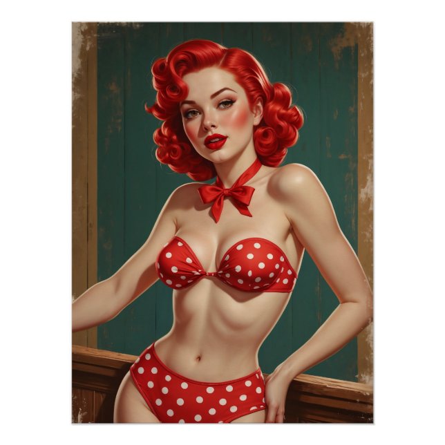 Poster Pin-Up with red hair and dotted bikini (Front)